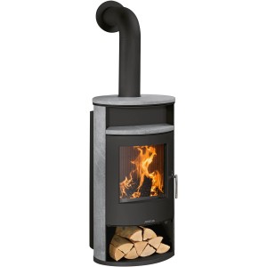 Justus Island Aqua Kaminofen, 10kW, Speckstein, schwarz. Zeitbrandofen mit Holz und Flammen im Brennraum.