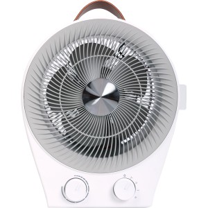 Weißer 2in1 Heizlüfter und Ventilator mit Tragegriff und Drehreglern.