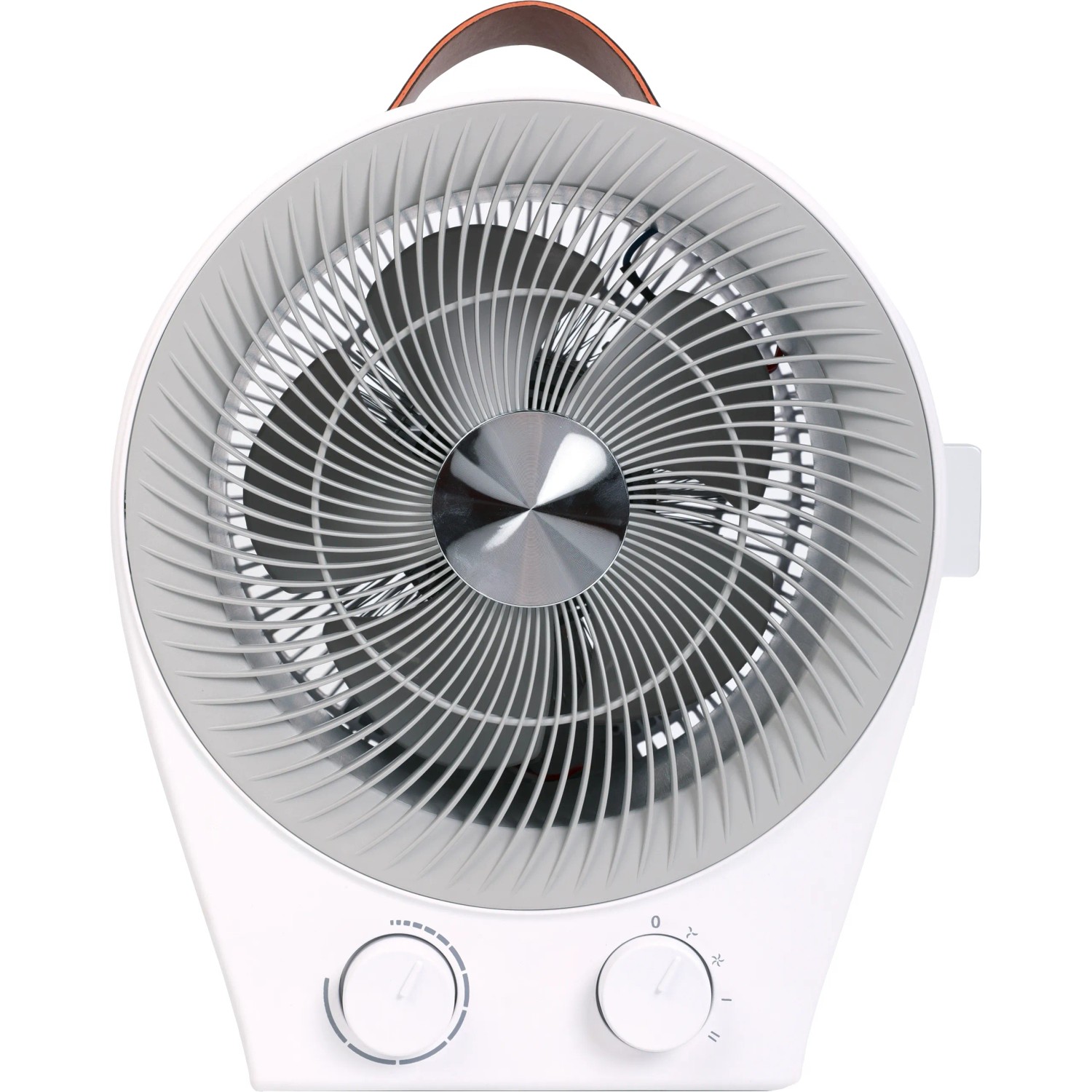 Weißer 2in1 Heizlüfter und Ventilator mit Tragegriff und Drehreglern.
