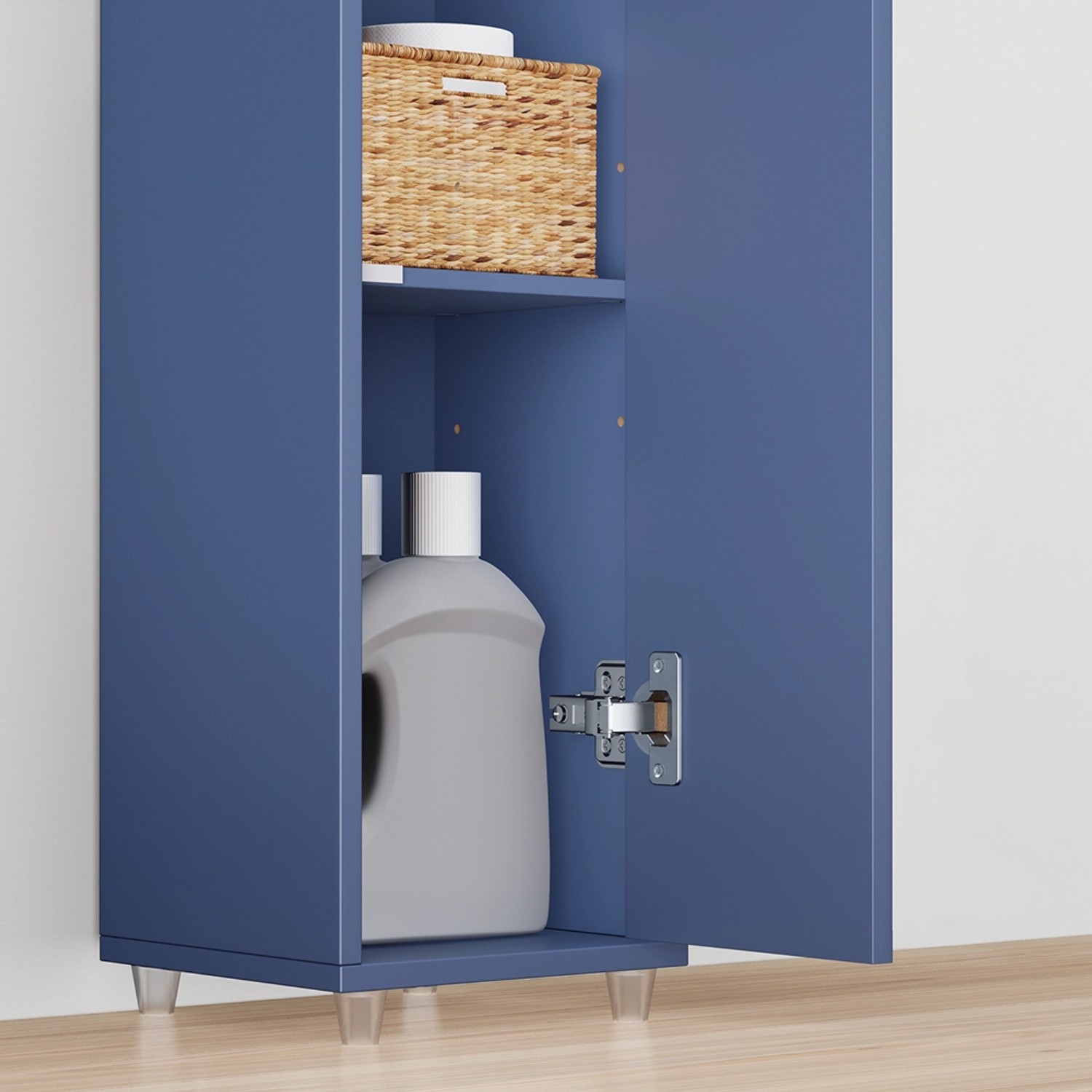 Blauer SoBuy Badezimmerschrank Hochschrank mit Regalböden und geöffneter Tür.