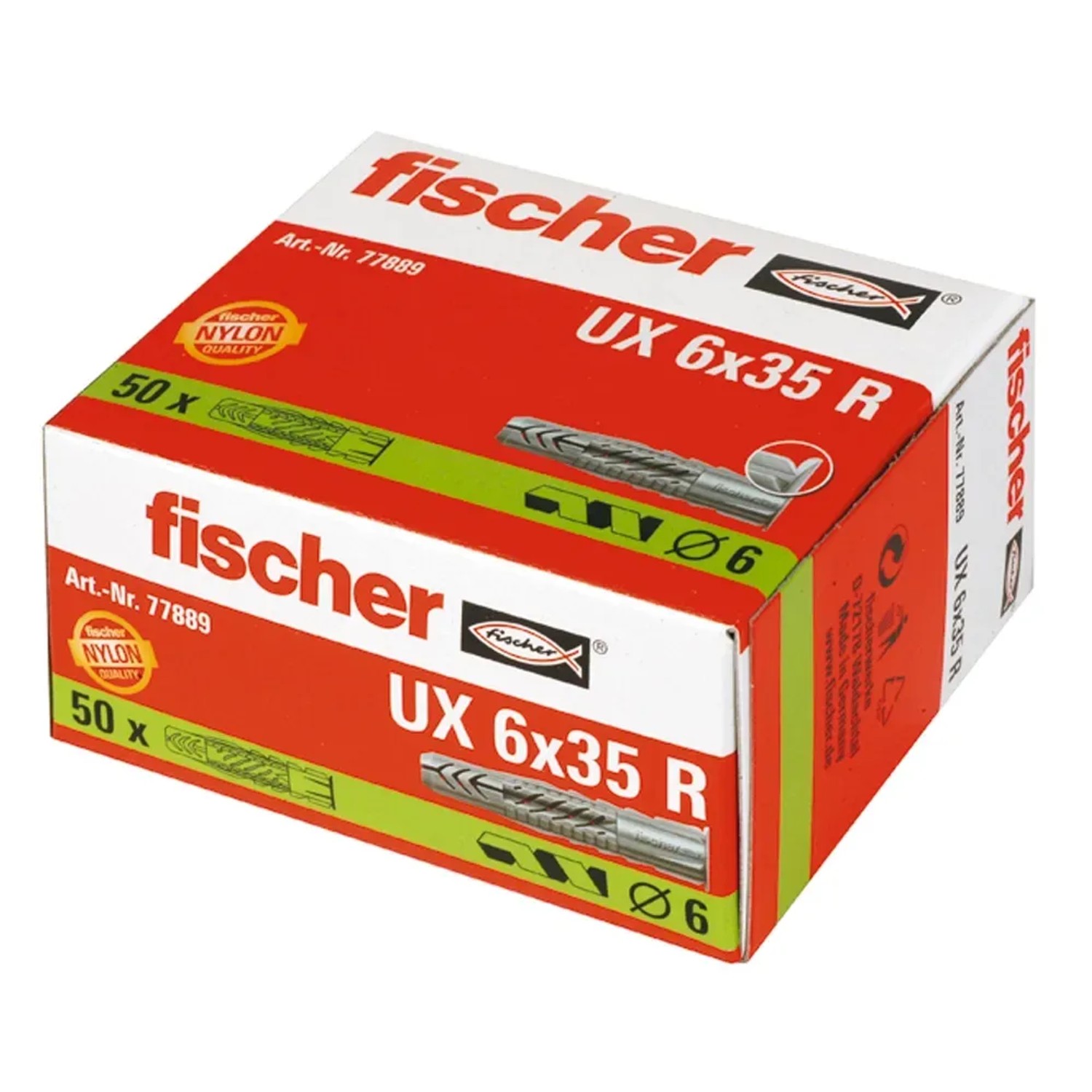 Fischer Universaldübel UX 6x35 R im 50er Pack, geeignet für alle Baustoffe.