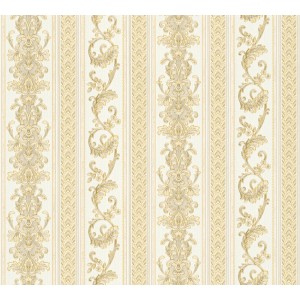 Vliestapete Hermitage mit Streifen, Ornamenten und Glanz in Gold und Creme.