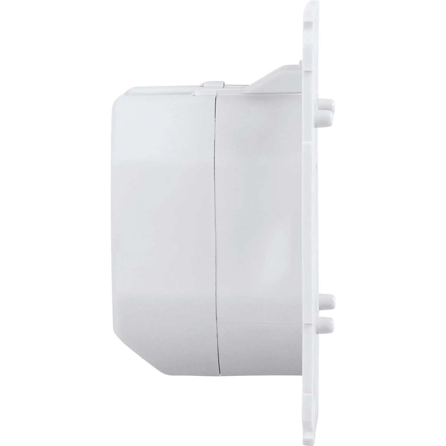 Weißer, kompakter Homematic IP Schaltaktor für Markenschalter, 2-fach, Seitenansicht.