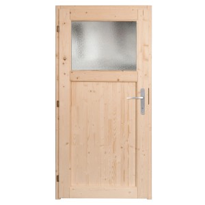 Nebeneingangstür Panto NET 504 Natur, Holz mit Lichtausschnitt und silberner Türklinke.