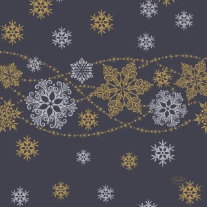 Duni Servietten Snow Glitter, 20 Stück, schwarz mit goldenen und silbernen Schneeflocken.