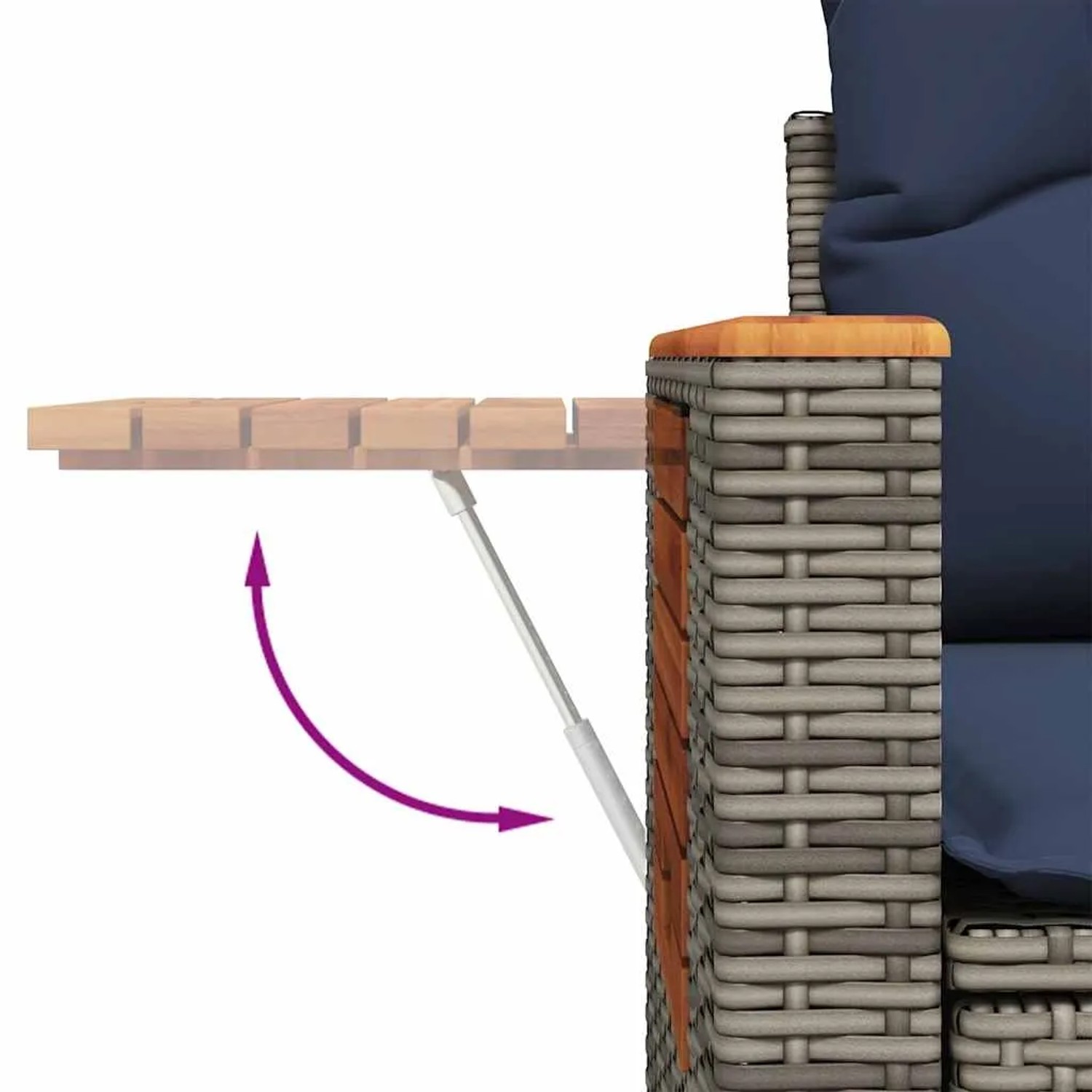 Detailaufnahme: Graue Rattan Garten-Sofagarnitur mit ausklappbarem Akazienholz-Tisch.