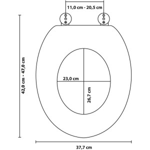 Skizze eines Sanilo WC-Sitzes Alfred aus Holz mit Maßen für Montage und Komfort.