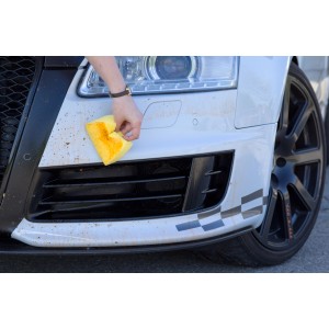 Anwendung: Dr. Wack CW1:100 Insekten-Entferner Gel zur Autopflege mit Schwamm auf Stoßstange.