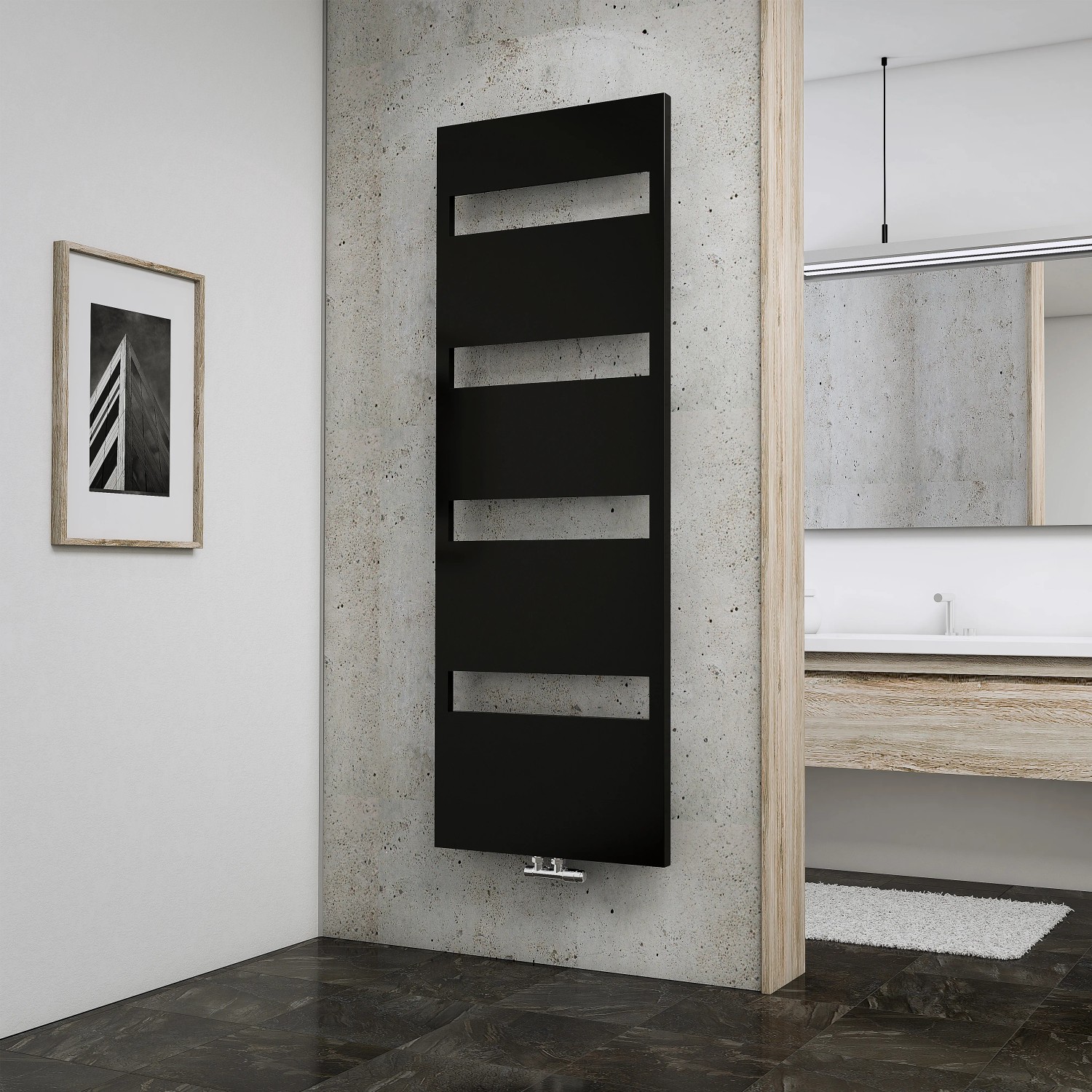 Schulter Design-Heizkörper Turin, 170,3x60,5 cm, Anthrazit, mit horizontalen Aussparungen im modernen Badezimmer.