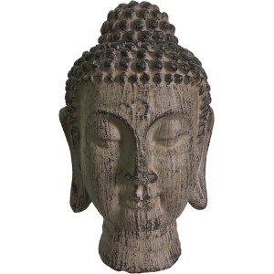Grauer Buddha Kopf aus Leichtzement, 24x23x36 cm, für Garten und Innenbereich.