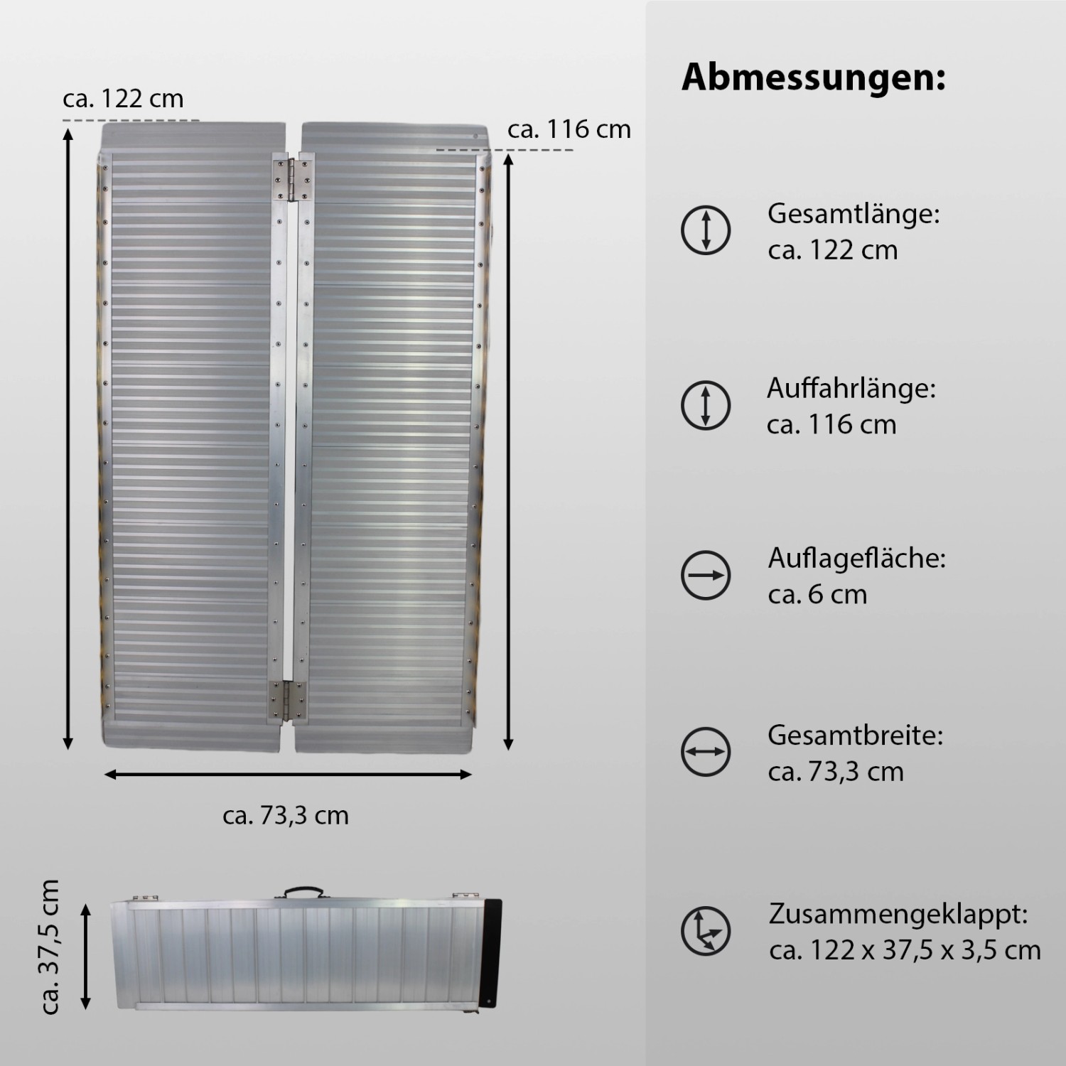 TRUTZHOLM Rollstuhlrampe, klappbar, 122 cm, Alu geriffelt, Maße offen und geschlossen.