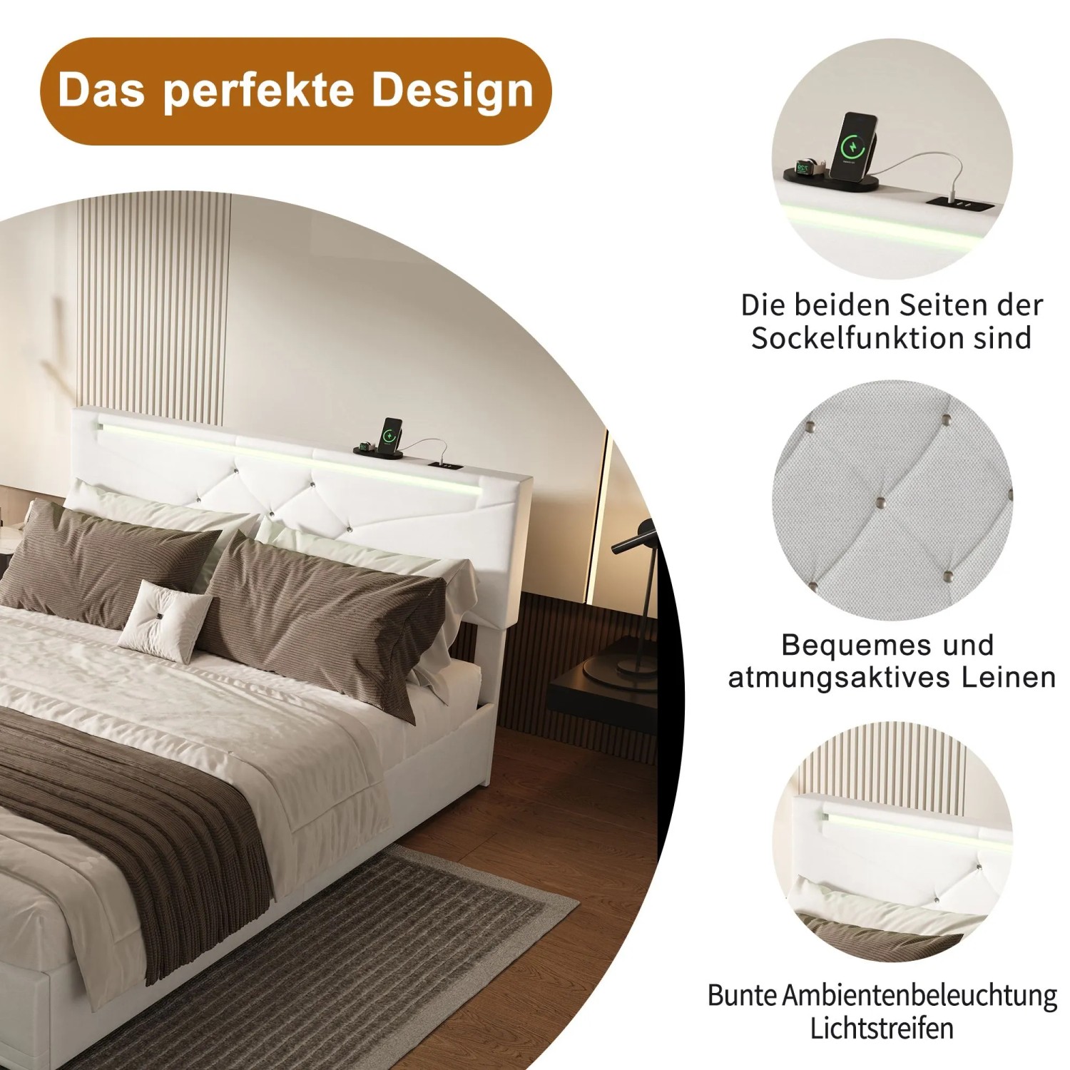 PXloue Polsterbett Doppelbett 140/200 mit LED USB Höhenverstellbares Kopfteil_8