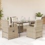 5-teilige Garten Essgruppe aus Poly Rattan in Beige mit Tisch und verstellbaren Stühlen mit Kissen.