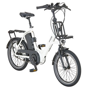 Prophete Urbanicer 3.0 Kompakt E-Bike, 20 Zoll, Kreide Glanz, mit Front- und Heckgepäckträger.