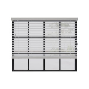 Weiße Cocoon Home Concepts Holzjalousie (90x240) mit 50mm Lamellen am Fenster.