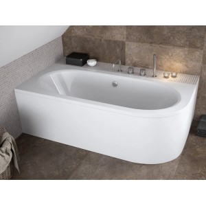 Weiße Acryl Eckbadewanne AVITA 170x75 im modernen Bad. Mit geschwungener Front, Linksablauf und Füßen.