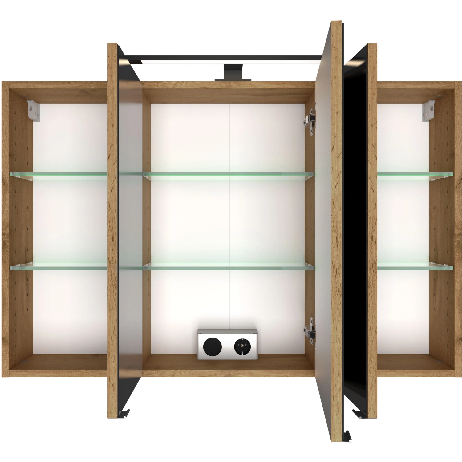 Offener Held Möbel 3D-Spiegelschrank Florenz 100 cm in Wotaneiche mit Glasböden und Beleuchtung.