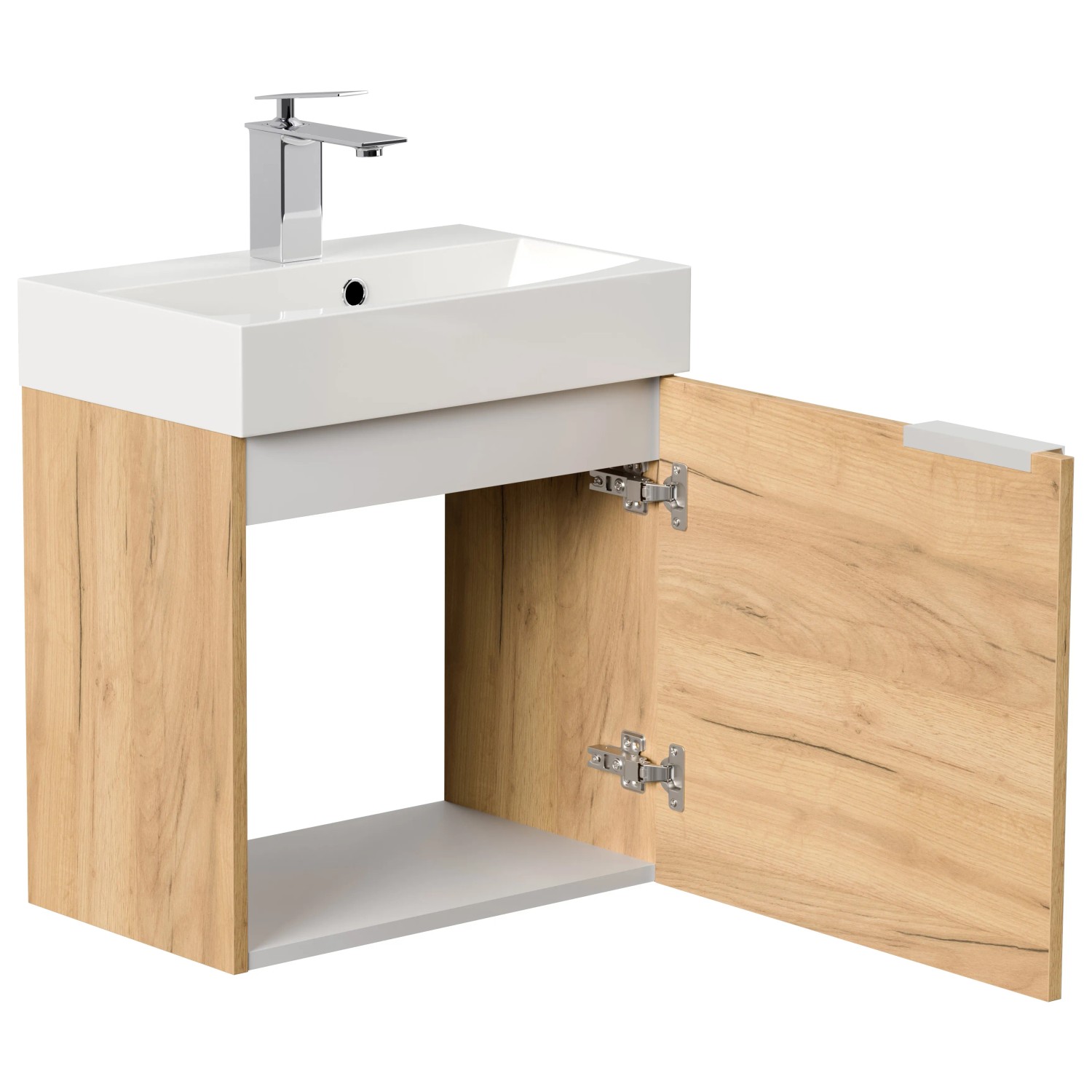 Posseik Badmöbel Cubi Slimline, 50 cm, Eiche Gold, mit offenstehender Tür.