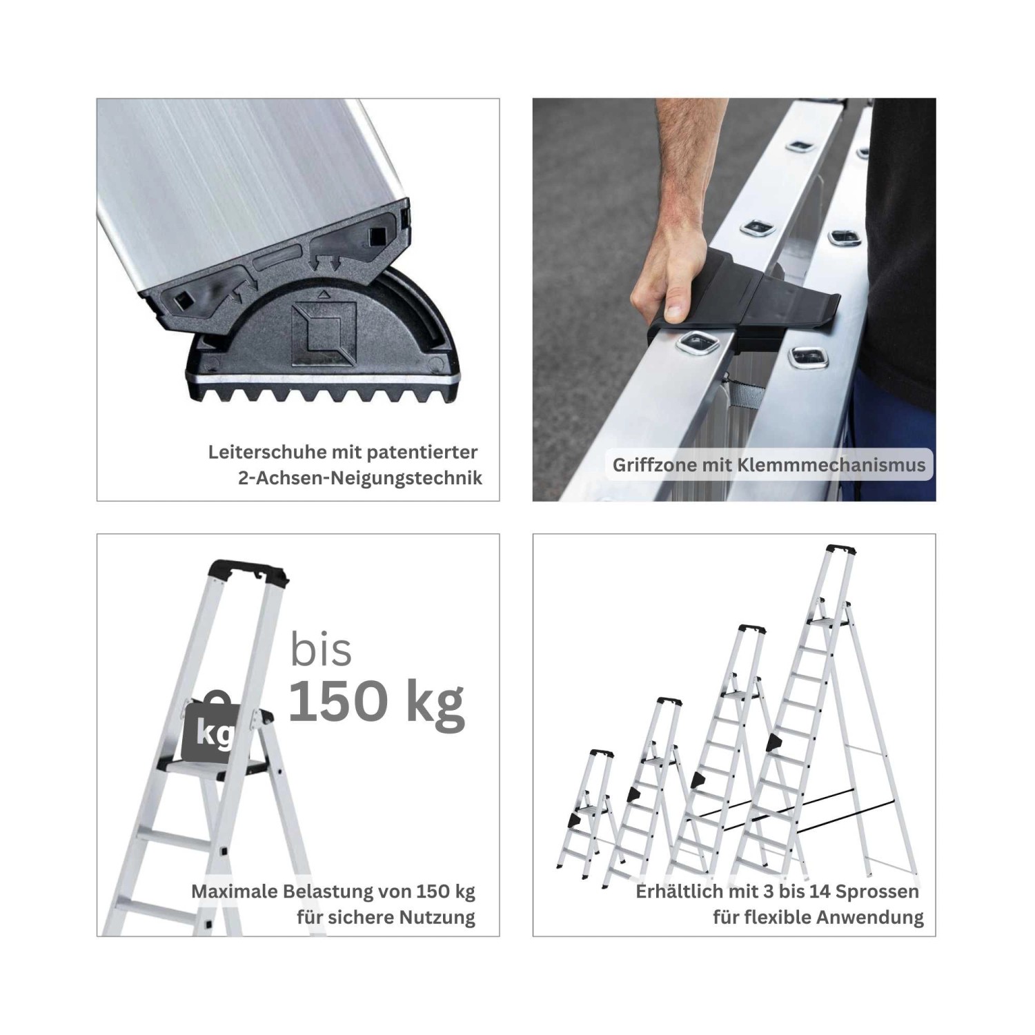 PROREGAL Stufen-Stehleiter mit 9 Stufen: Details zu Leiterfuß, Griff, Belastbarkeit und Größen.