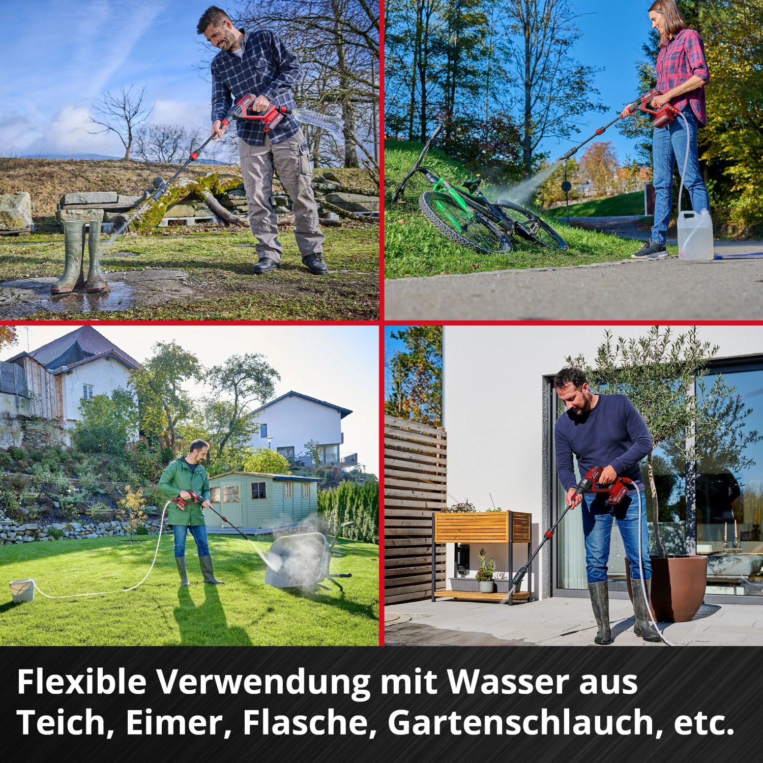 Einhell Akku-Druckreinigerpistole Power X-Change: Reinigt Stiefel, Fahrrad, Terrasse und bewässert. Vielseitiges Reinigungsgerät.