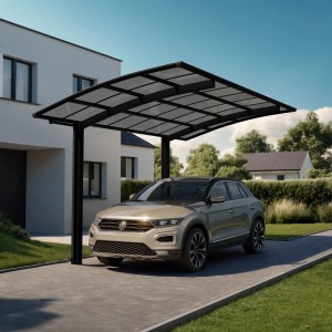 Schwarzes Ximax Alu Einzelcarport Portoforte Typ 80 mit transparentem Dach und Auto.