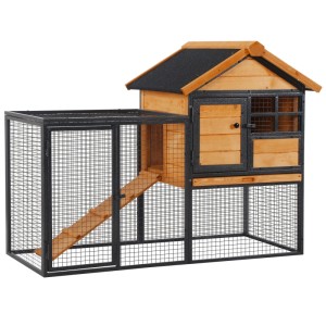 PawHut Kaninchenstall mit Freilaufgehege Holz-Metall Hellgelb 122 x 63 x 92 cm