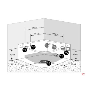 Skizze der AquaVapore Whirlpool Badewanne W02-TH-SC 135x135cm mit Maßangaben.