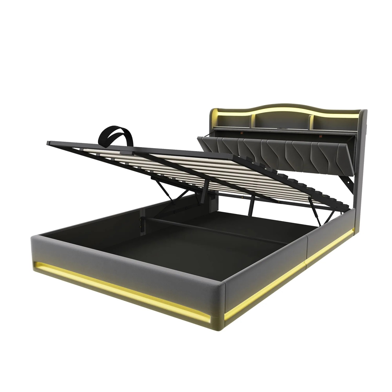 PXloue Polsterbett Hydraulisches Stauraumbett mit LED Beleuchtung und Ladefunktion 160x200 cm