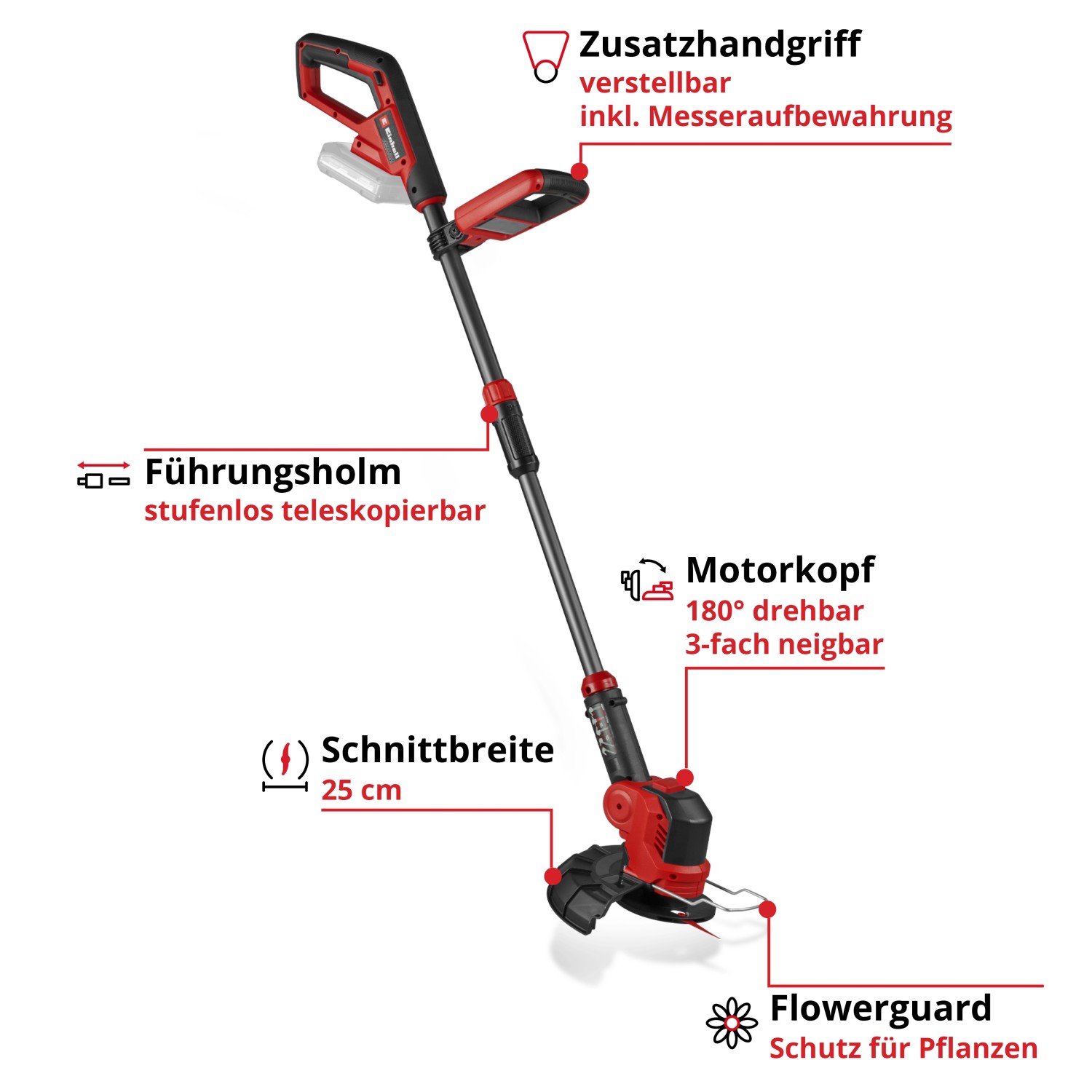 Einhell Akku-Rasentrimmer GE-CT 18/25 Li-Solo: Akku-Trimmer mit drehbarem Motorkopf und Flowerguard.