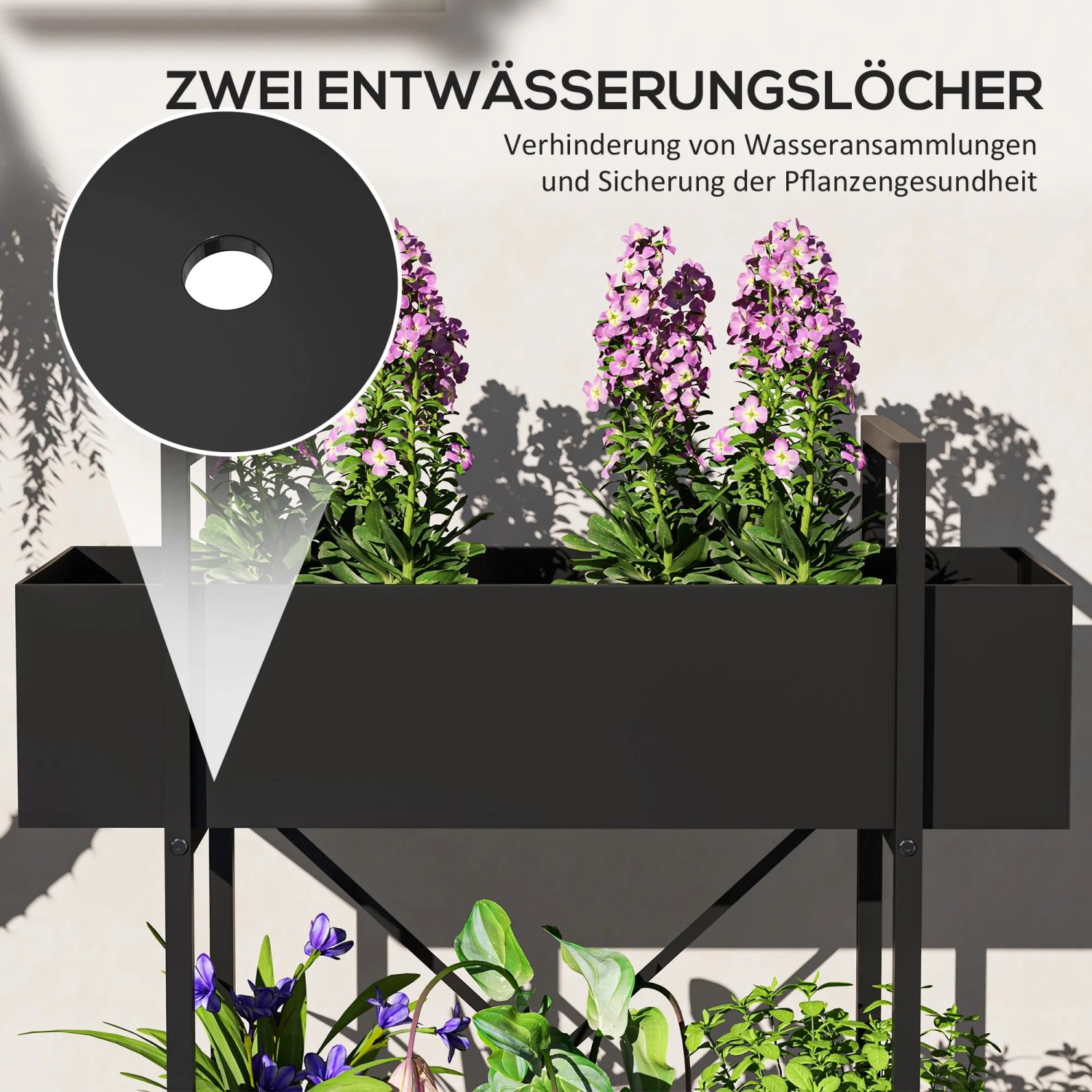 Outsunny Pflanzenständer, schwarz, mit zwei Ebenen und Entwässerungslöchern für gesunde Pflanzen.