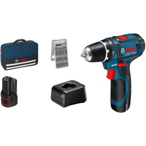 Bosch Professional GSR 12V-15 Akku-Bohrschrauber Set mit Akkus, Ladegerät, Bit-Set und Tasche.