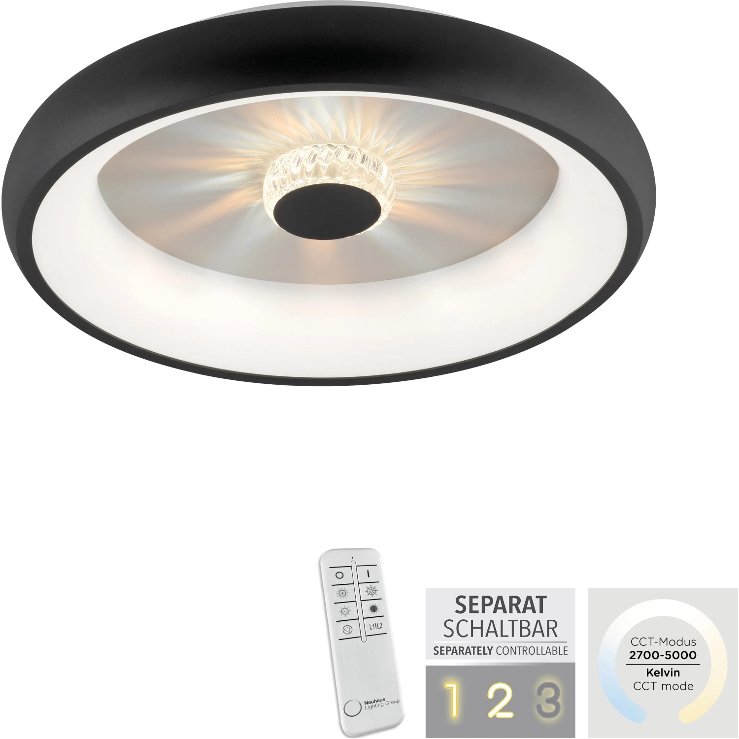 Schwarze LED-Deckenleuchte Vertigo (Ø 46,5 cm) mit Kristall-Effekt und Fernbedienung.