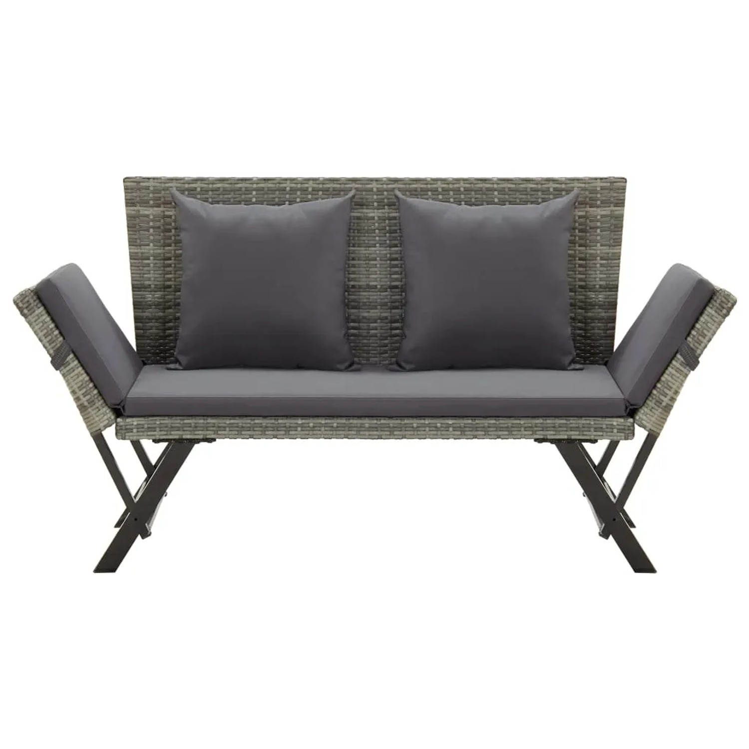Graue furnicato Gartenbank aus Polyrattan mit Auflagen und Kissen, verstellbare Seitenteile.
