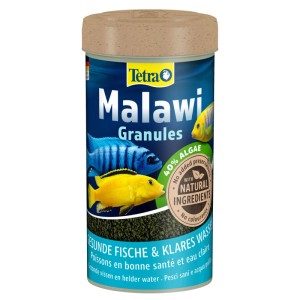 Tetra Malawi Granules Fischfutter-Granulat 250 ml. Blauer Behälter mit drei bunten Cichliden und sichtbarem, dunklem Granulat.