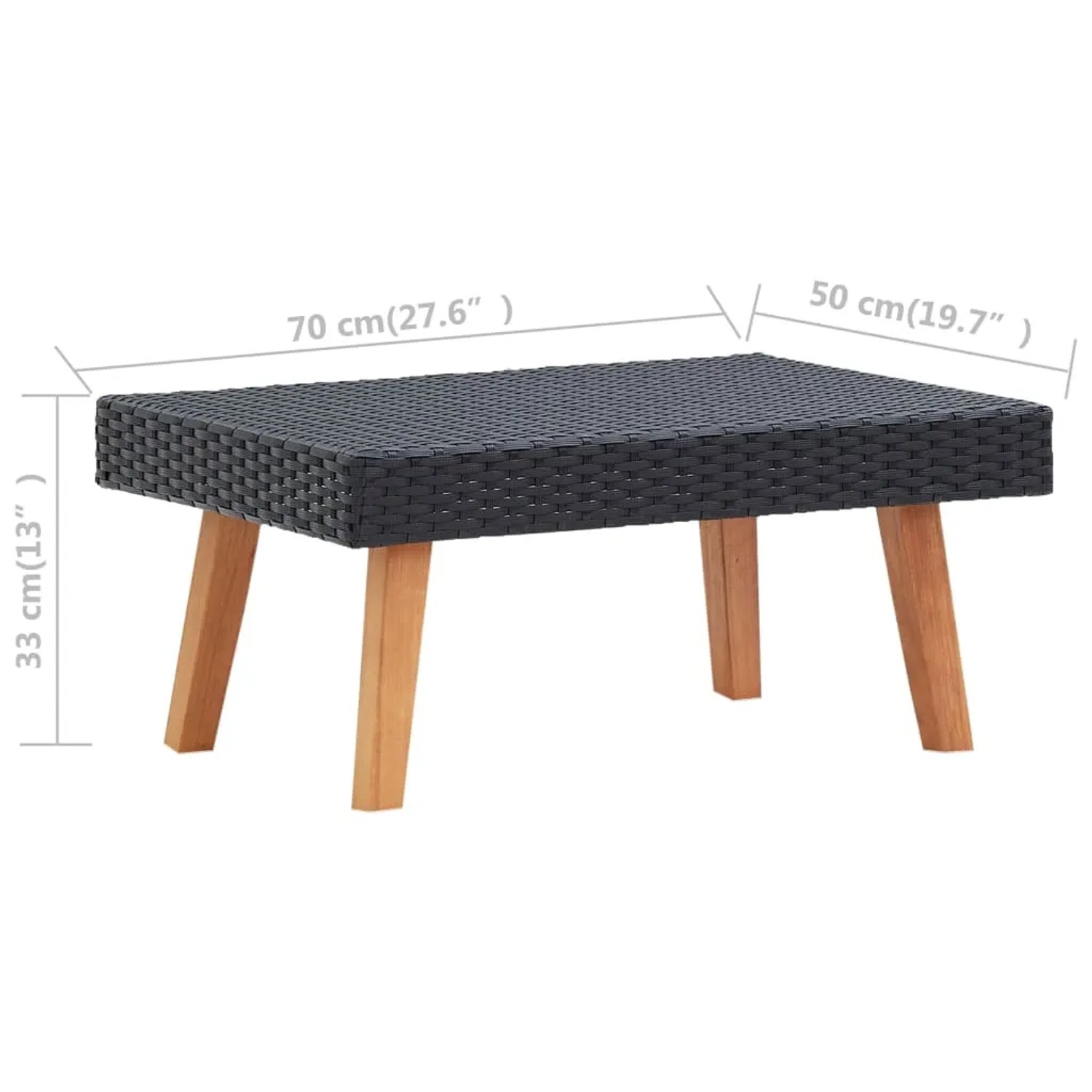 Schwarzer vidaXL Garten-Couchtisch aus Rattan mit Holzbeinen, Teil des Lounge-Sets.