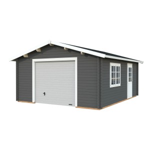 Palmako Garage Roger, dunkelgrau-weiße Fertiggarage mit Sektionaltor, Fenster und Tür.