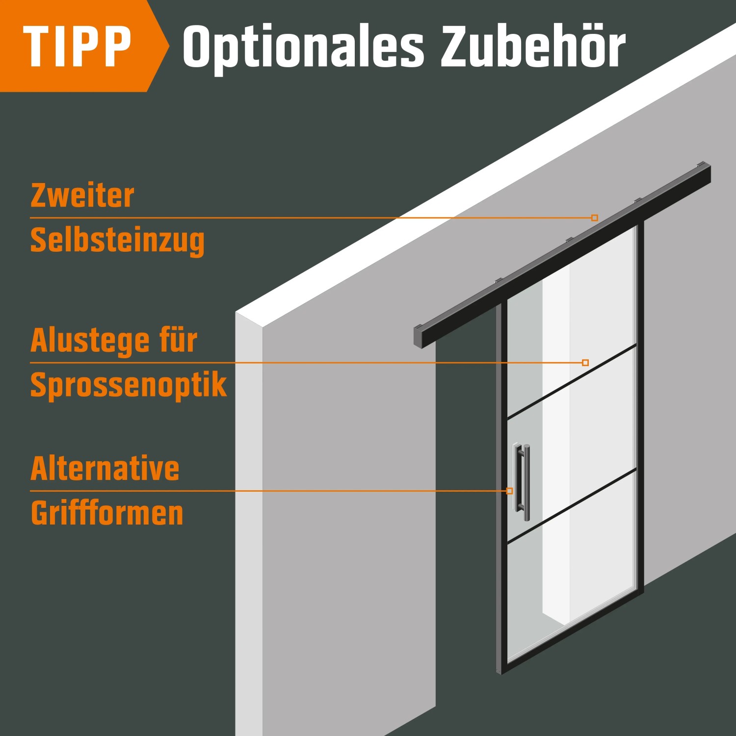 Grafik: Optionales Zubehör für Loft+Mehr Schiebetür, z.B. Sprossen, 2. Selbsteinzug oder alternative Griffe.