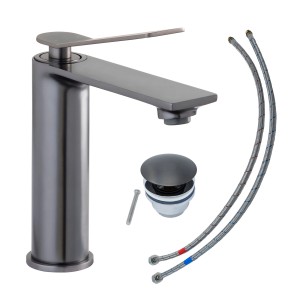 Schöner Wohnen Waschtischarmatur Viola Industrial, mittelhohe Armatur mit Ablaufgarnitur und Anschlussschläuchen.