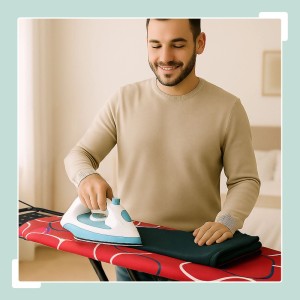 Mann bügelt Wäsche auf einem roten Relaxdays Bügelbrett. Das Bügelbrett ist höhenverstellbar.