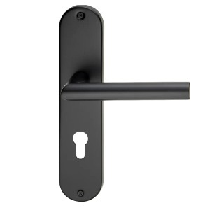 Schwarze Drückergarnitur Liverpool mit Langschild aus Edelstahl für Innentüren.