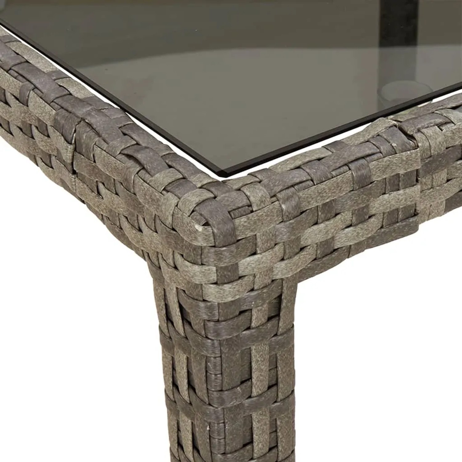 Detailansicht Gartentisch: Graues Poly Rattan Geflecht, Tischplatte aus Hartglas. Robust und stilvoll.