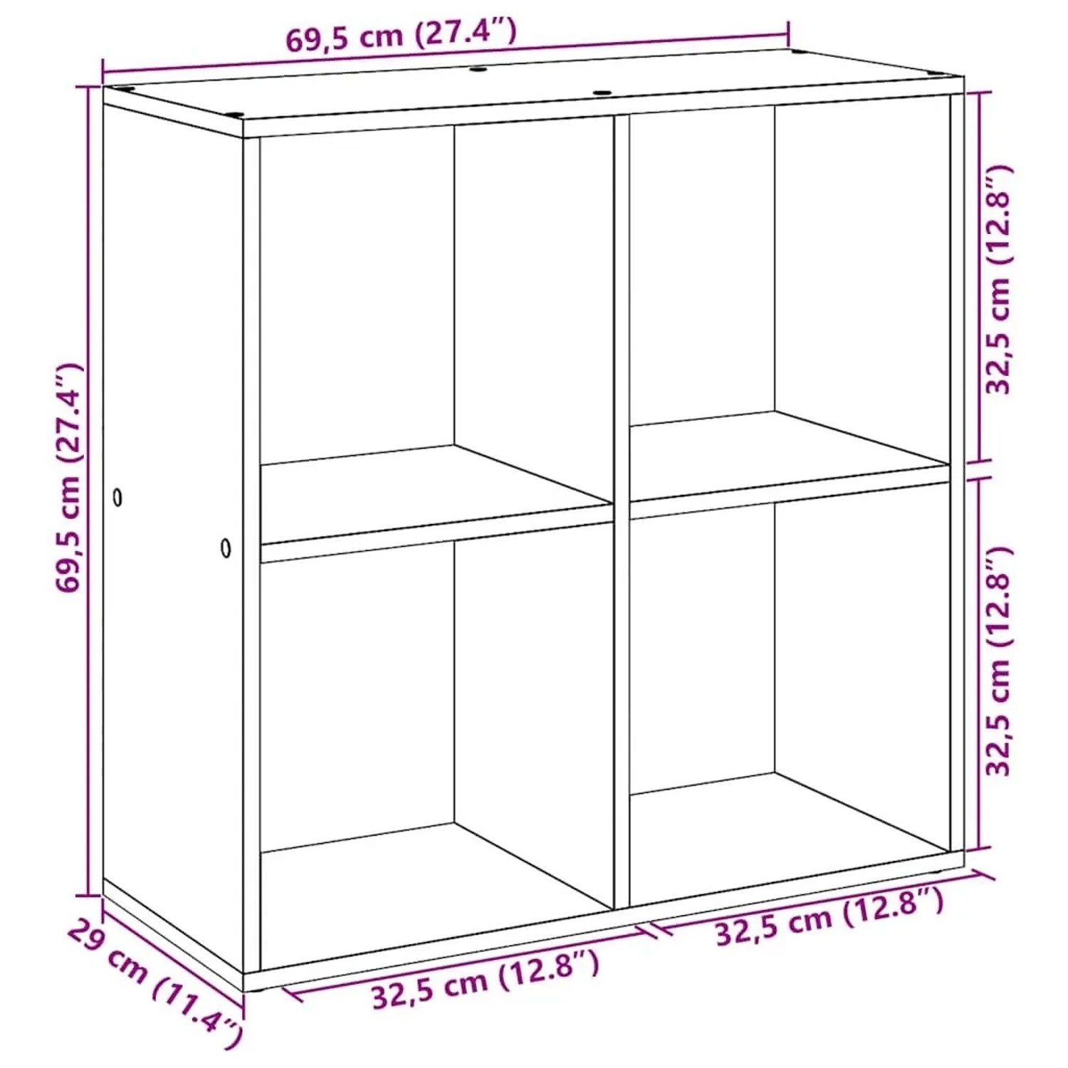 vidaXL Raumteiler-Bücherregal Artisan-Eiche, 4 Fächer, 69,5x29x69,5 cm. Skizze mit Maßen.