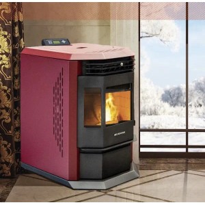 Roter SCHENGER Pelletofen HLP3602 mit Flamme und digitalem Display. Vollautomatischer Ofen für Pellets.