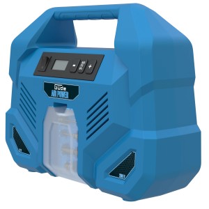 Blauer Güde Kompressor Airpower Dual Drive 12/230 V mit Tragegriff und Zubehör.