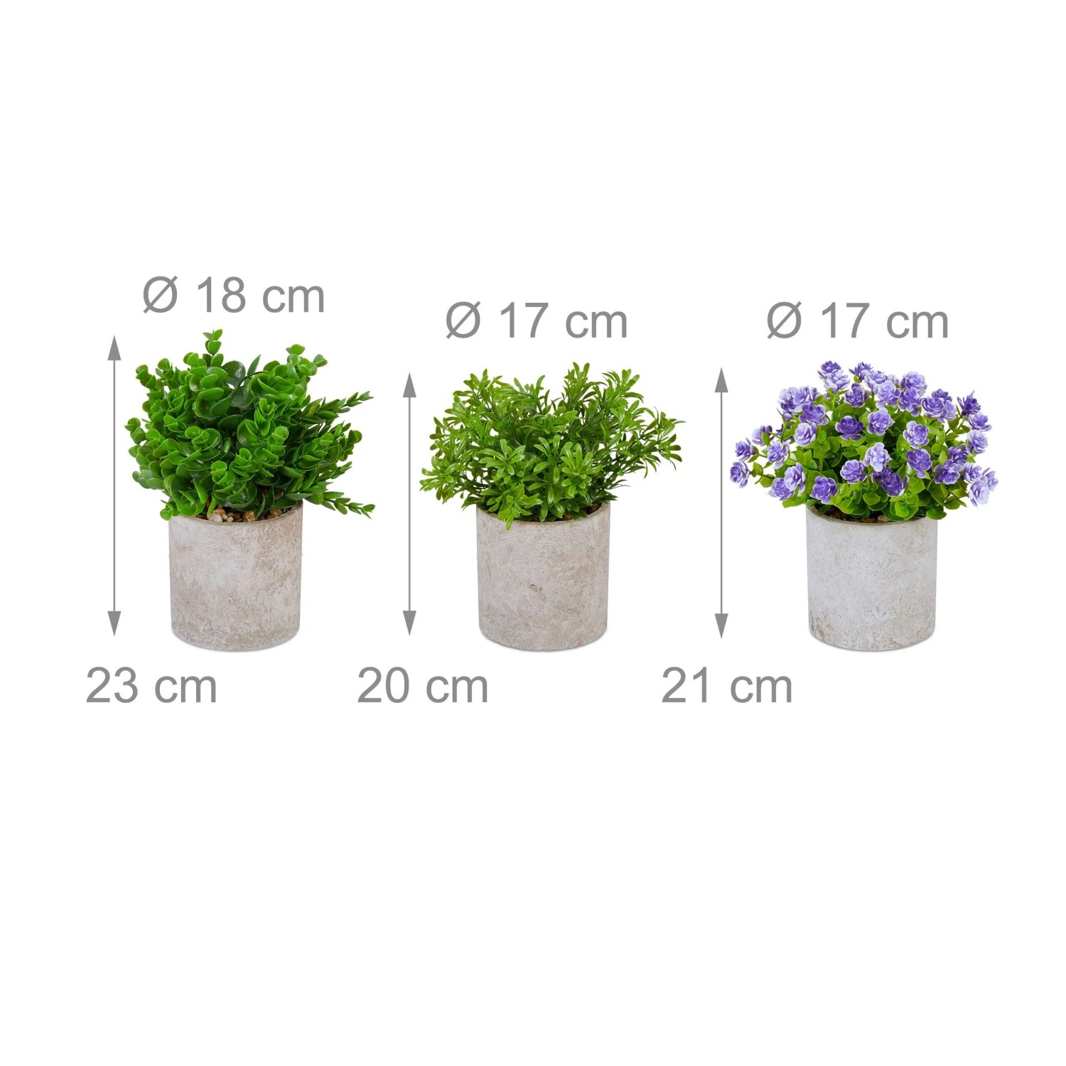 Relaxdays Kunstpflanzen 3er Set Polyester Grün Lila Grau Pflegeleicht 20 cm x 17 cm bis 23 cm x 18 cm 0,45 kg_4