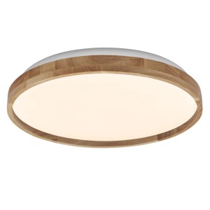 Moderne Osram LED-Deckenleuchte Orbis Alison, rund, mit hellem Holzring und weißem Diffusor, dimmbar.