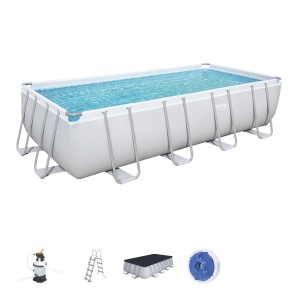 Rechteckiger Power Steel Frame Pool mit Sandfilter, Leiter und Abdeckplane (488x244x122cm).