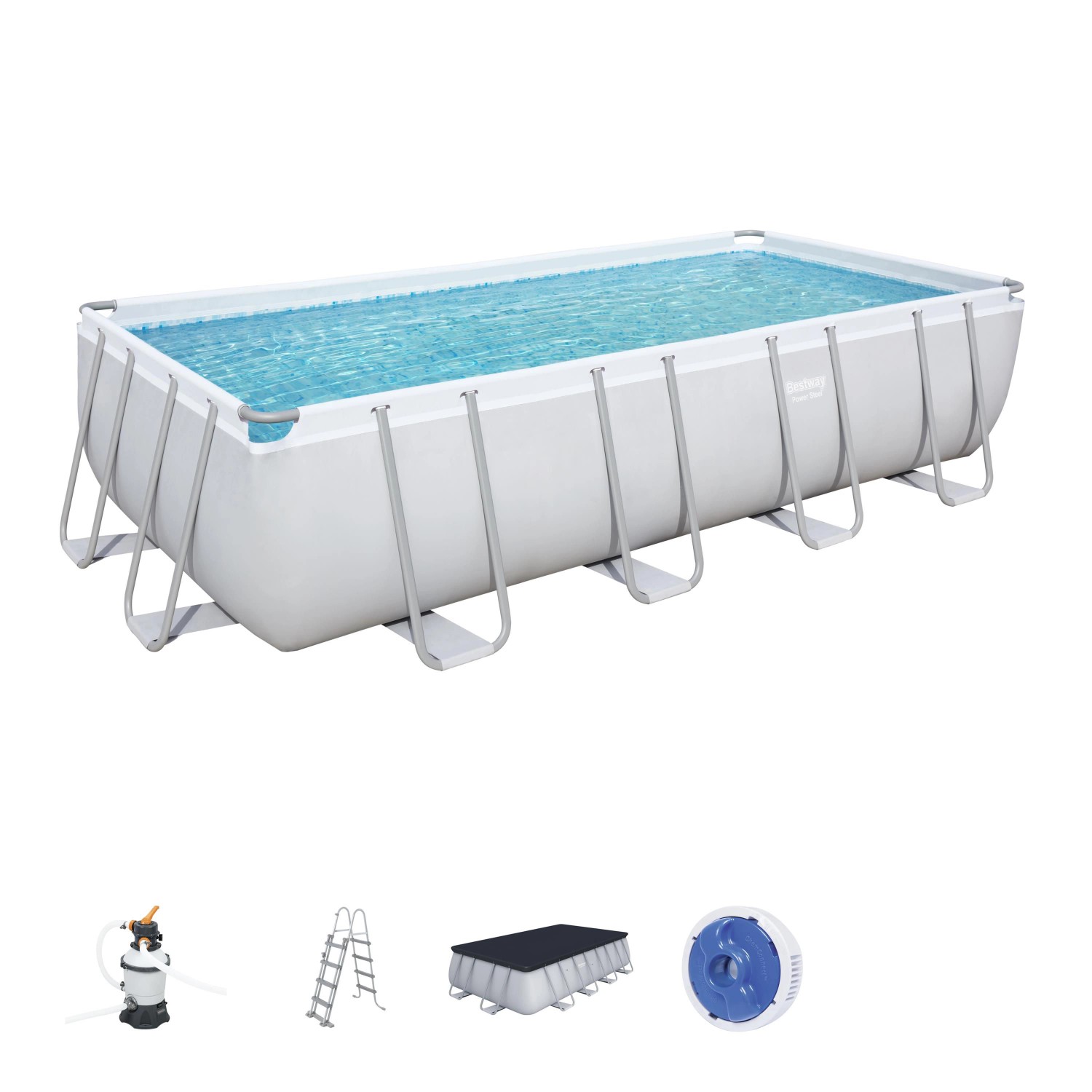 Rechteckiger Power Steel Frame Pool mit Sandfilter, Leiter und Abdeckplane (488x244x122cm).