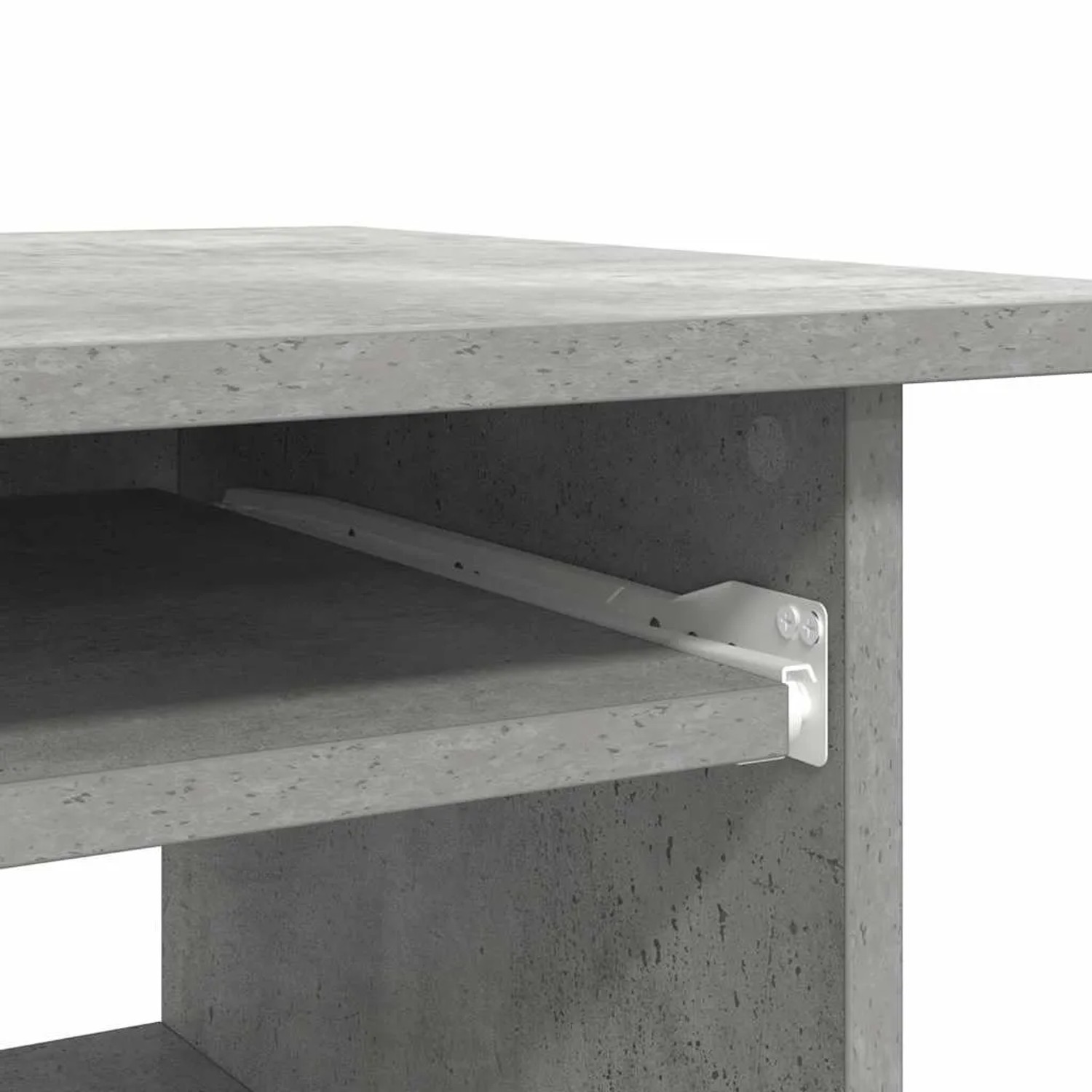 Detailansicht Schreibtisch Betongrau mit Ablage und Tastaturauszug.