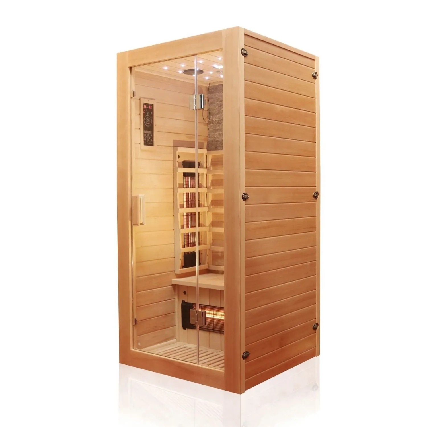 Dewello Infrarotkabine Milton aus Hemlockholz mit Glasfront und Innenleben.